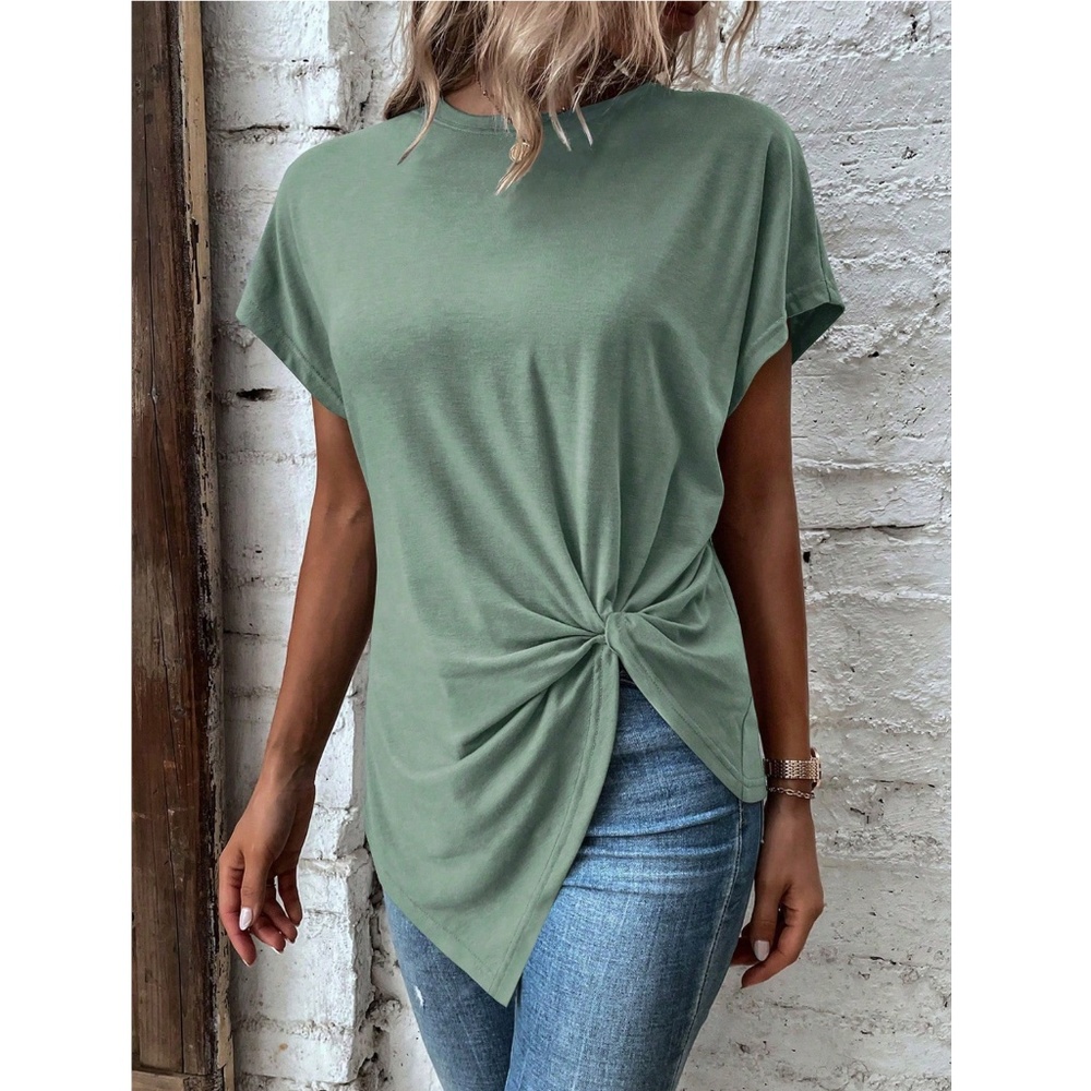 Twist Detail Green Tee Shirt Short Sleeve Round Neck - Picture 2 of 13